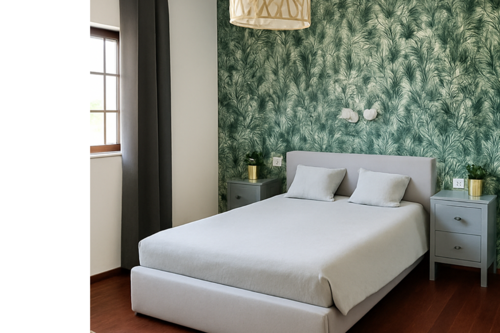Quintas Room with double bed and green feature wall at Countryside Inn Central Portugal