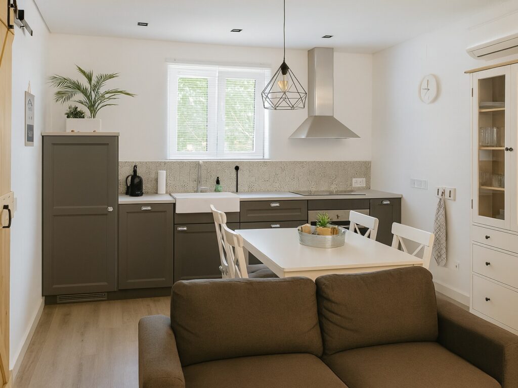 Open plan kitchen and living area in self-catering apartment in Central Portugal